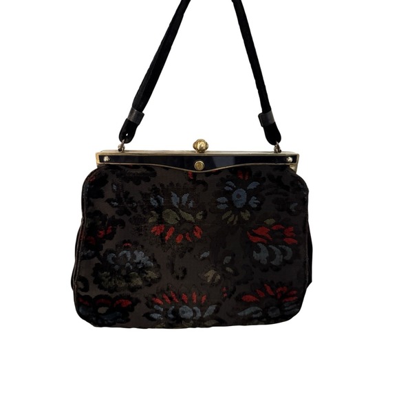 Undefined Handbags - Vintage Floral Velvet Burnout Frame Bag Kiss Lock Top Handle Purse Retro 50s 60s
